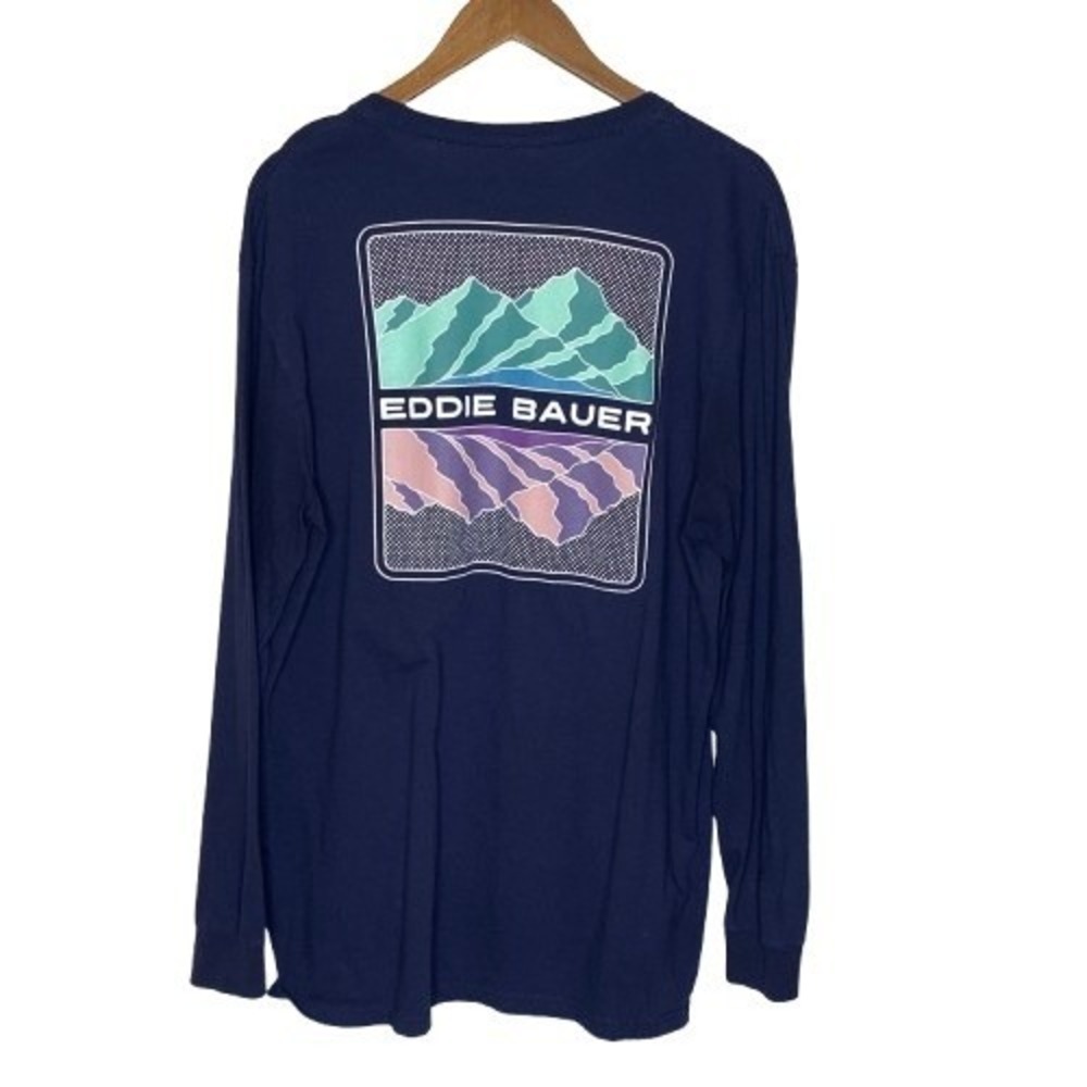 Eddie Bauer Mens Graphic T Shirt Size XL Navy Blue Mountain Landscape Outdoor